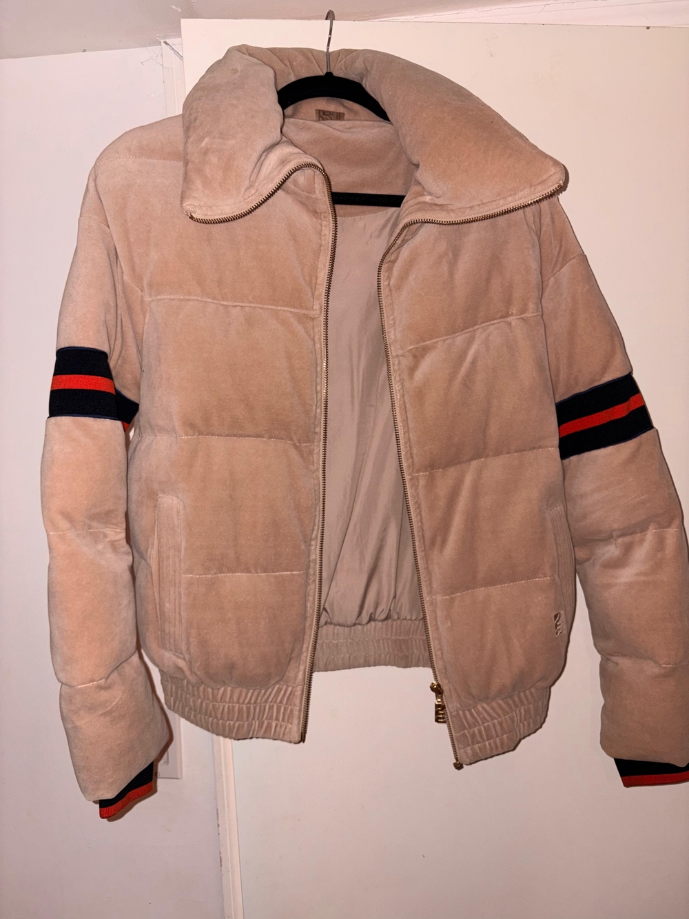 Beige Puffer Jacket with Stripe Sleeve Detail